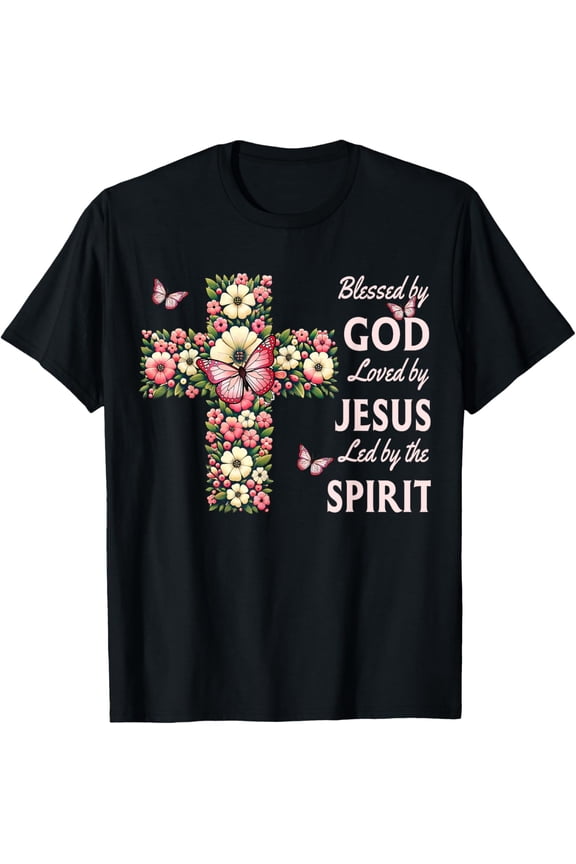 Blessed by God Loved by Jesus Pink Floral Christian Cross T-Shirt