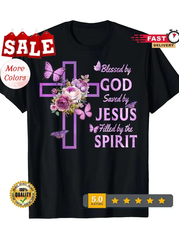 Blessed by God Saved by Jesus Purple Floral Cross Christian 100% Cotton T-Shirt