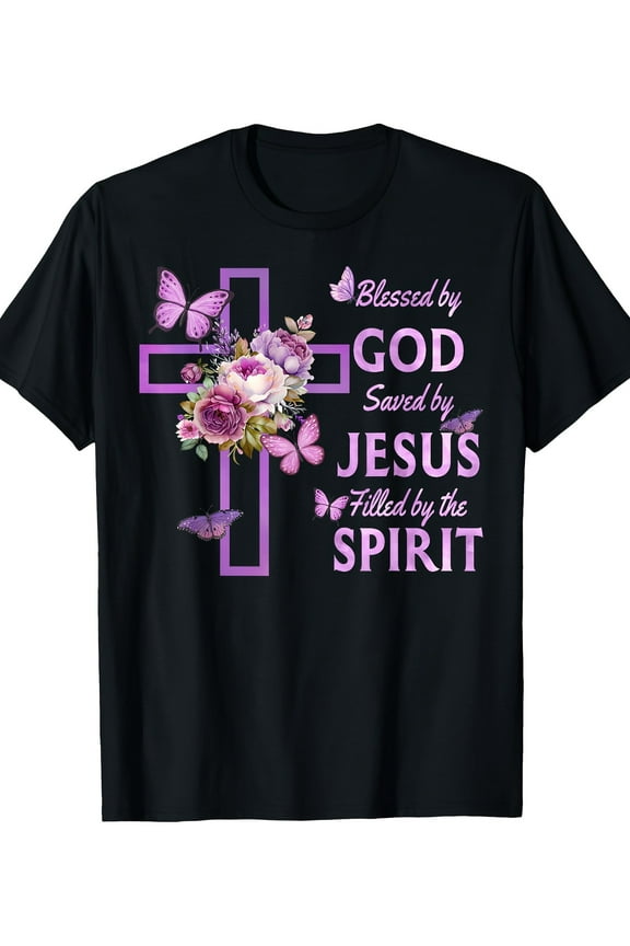 Blessed by God Saved by Jesus Purple Floral Cross Christian 200G 100% Cotton T-Shirt