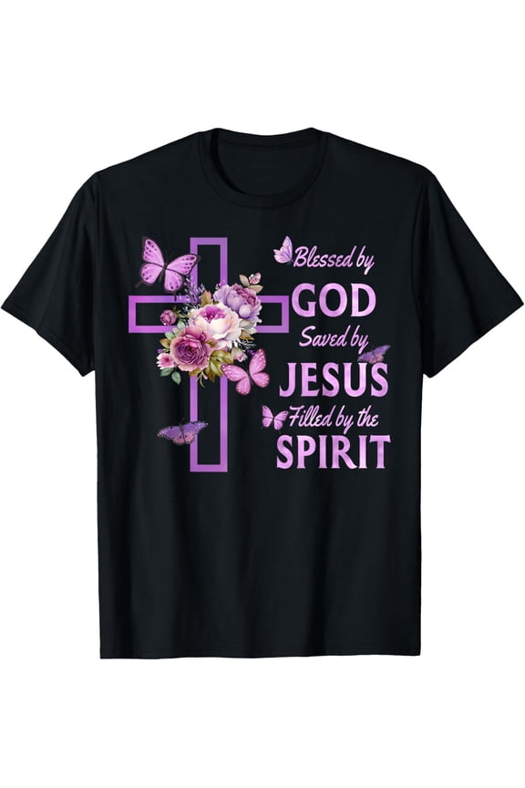Blessed by God Saved by Jesus Purple Floral Cross Christian T-Shirt