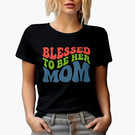 Blessed to Be Her Mom, Proud Mother Quote, Groovy Retro Wavy Text Merch Gift, Black T-Shirt, Small
