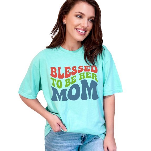Blessed to Be Her Mom Quote, Groovy Retro Wavy Text, Chalky Mint Comfort Colors T-Shirt, XL