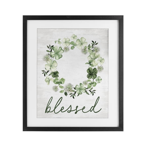 Stupell Industries Blessed with Spring Clover Wreath Black Framed Print Under Glass, design by Lettered and Lined, 16 x 13
