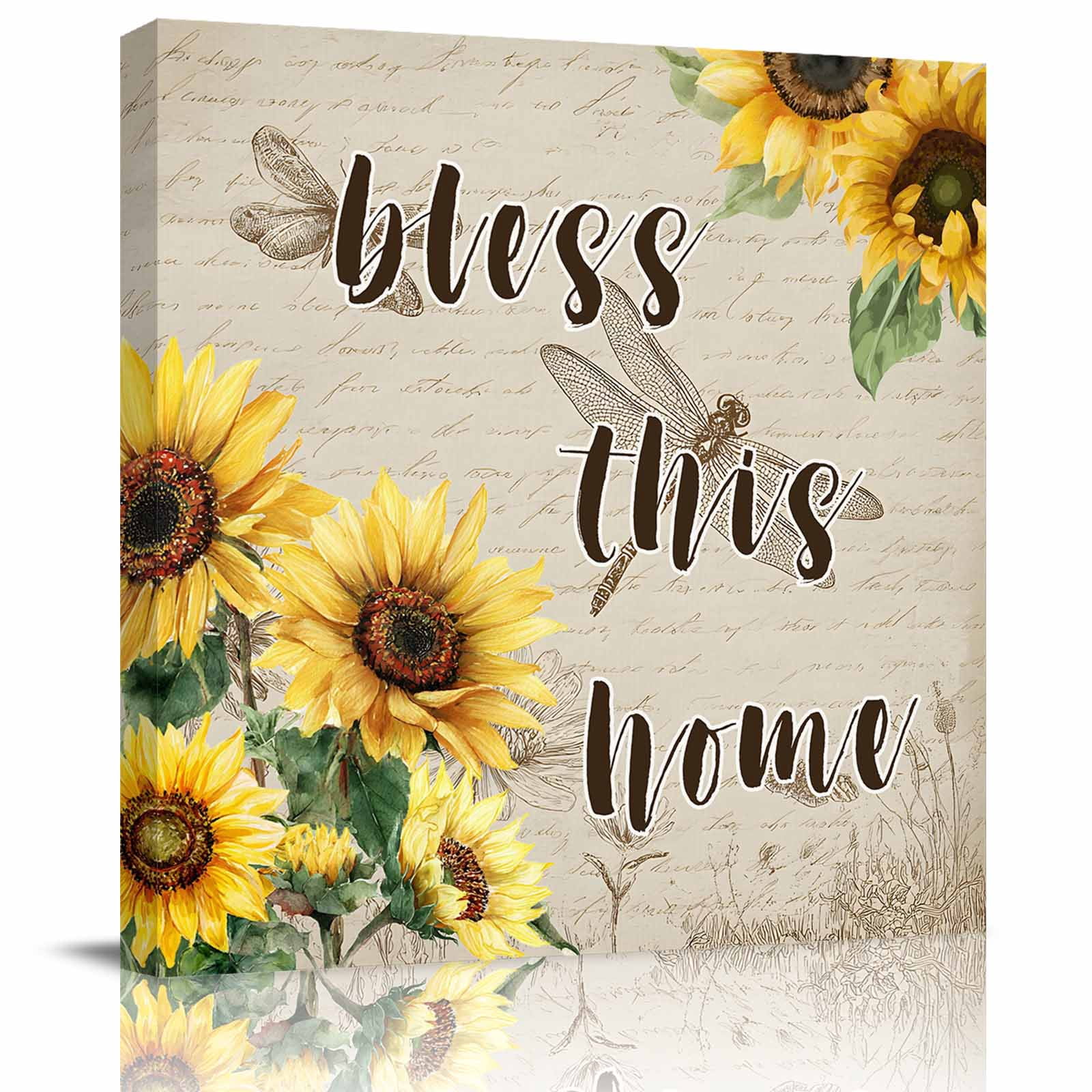 Blesses This Home Framed Canvas Wall Art, Sunflower Floral Dragonflies Farm Vintage Wall Art Painting for Living Room Bedroom Home Decor, 12”x12”, Office Artwork Print