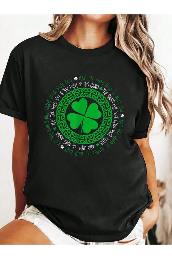 Blessing Celtic Knot 4 Leaf Clover - St Casual Printed Cotton Women T-Shirt, Summer Short Sleeve Graphic Tee Women Tops