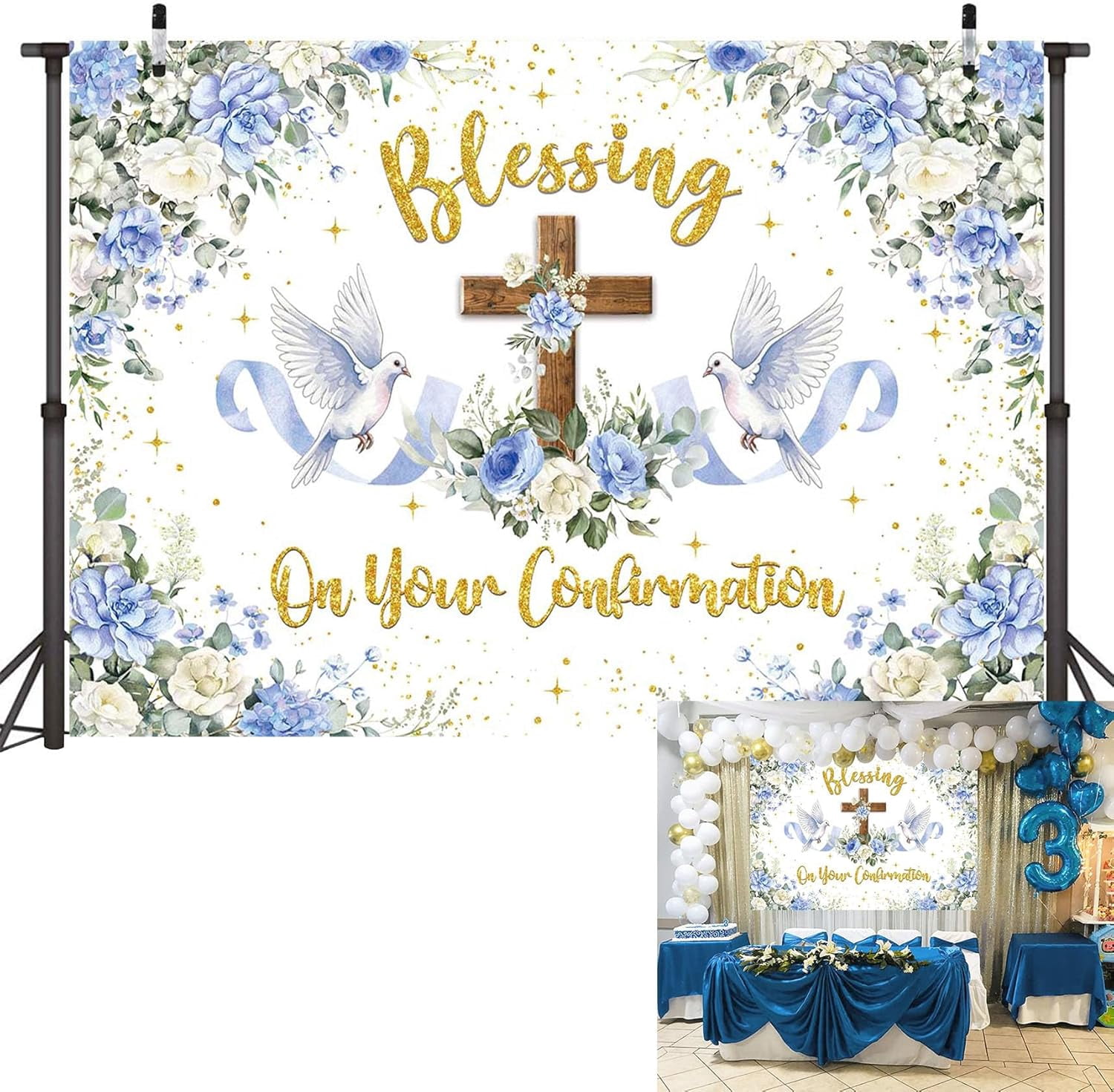 Blessing On Your Confirmation Backdrop Blue White Floral God Bless ...