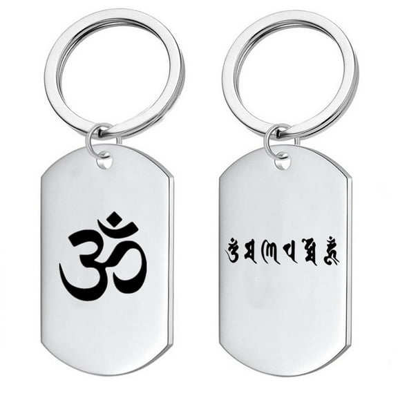 Blessing Sanskrit Om mani Padme Hum Mantra Protection Keychain Key Pendant for Men Women Buddhist OM Symbol Praying Keyring Tag Tibetan Amulet Jewelry Gifts for Anniversary Birthday, Silver