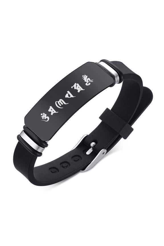 Blessing Six Words Mantra Amulet Bracelet Religious Tibetan Jewelry Om Mani Padme Hum Sanskrit Engraved Silicone Strap Wristband for Teens Women Men, Adjustable