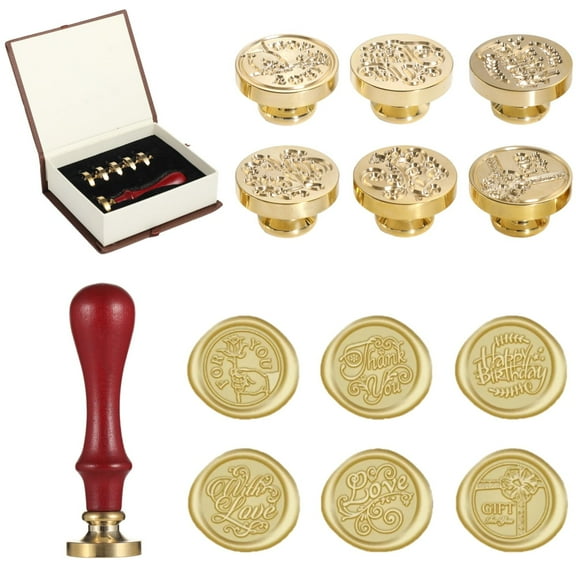 Blessing Wax Seal Stamp Set - Wooden Handle with 6 Copper Stamps, Includes Love, Thank You, Happy Birthday, With You | Present Box with Brown Ribbons for Invitations, Letters, Wedding Decor