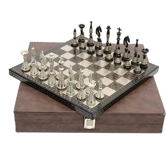 Blessings Decor Collectible Metal Brass Chess Set Tribal Warli Art in Leather Storage Box. (12 X 12 in)