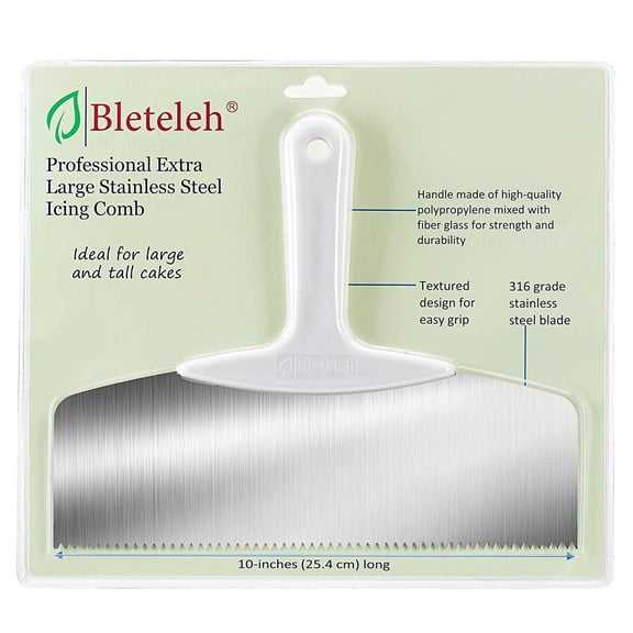 Bleteleh Large 10-inch Stainless Steel Cake Decorating Comb and Icing smoother with Polypropylene Handle