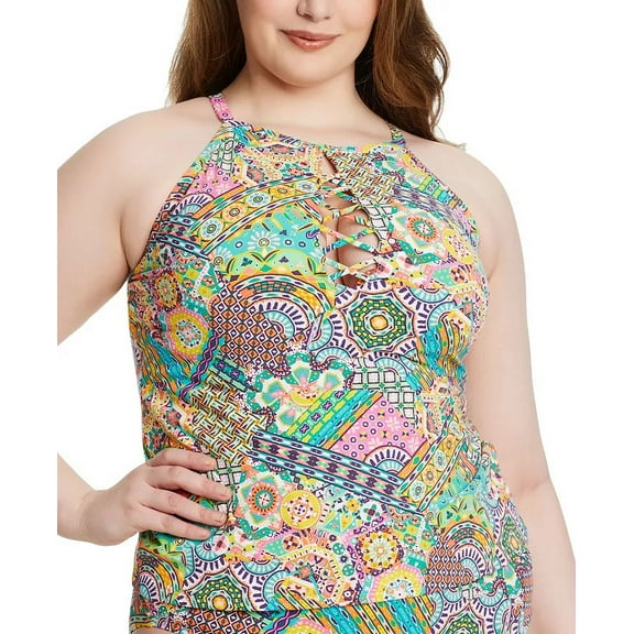 Bleu Rod Beattie MULTI Plus Size Seriously Sunny Hi-Neck Tankini Top, US 20W