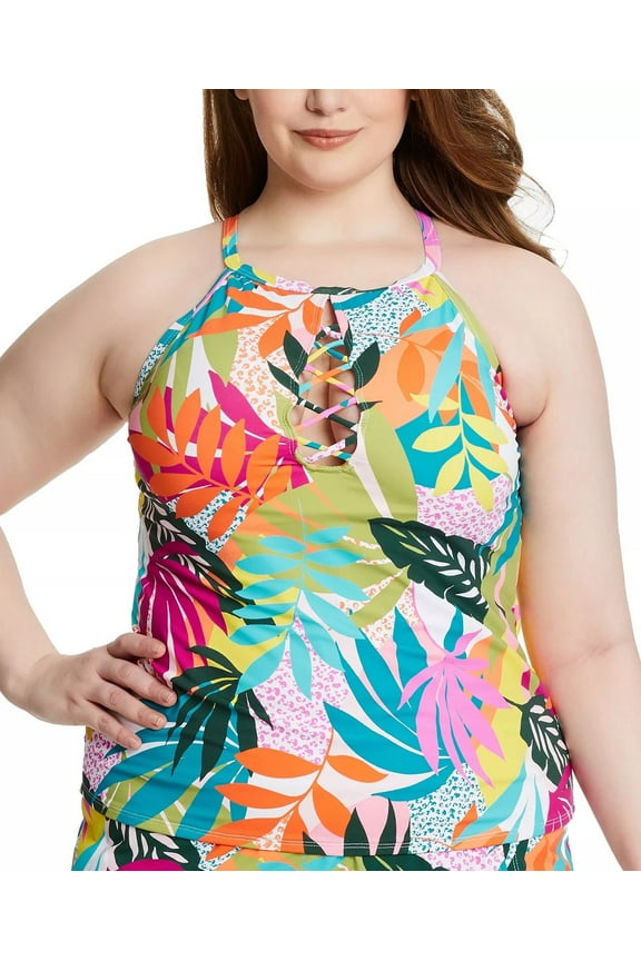 Bleu Rod Beattie MULTI Plus Size Wild at Heart Hi-Neck Tankini Swim Top, US 18W
