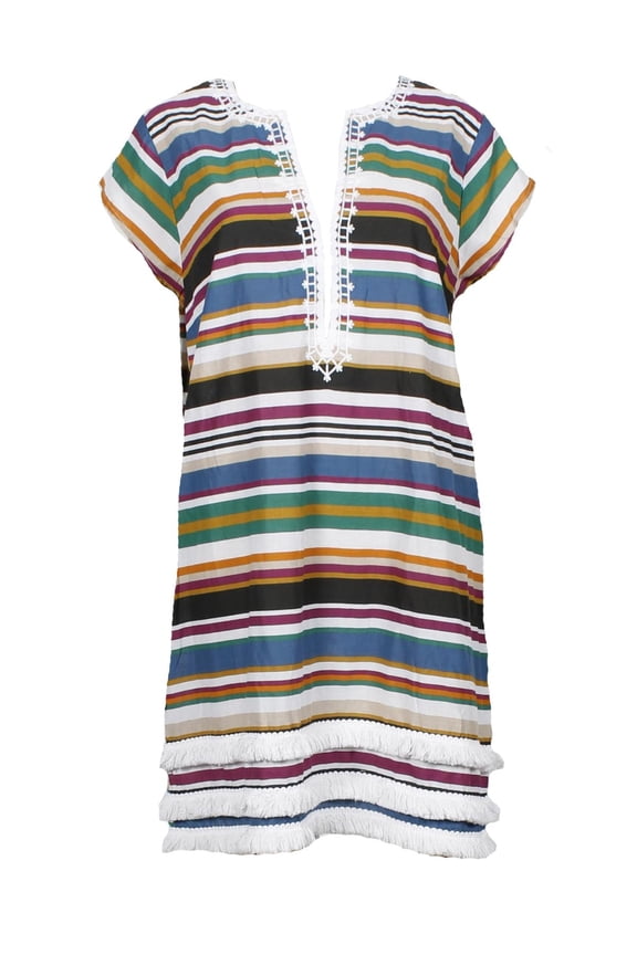 Bleu Rod Beattie Womens Striped Fringe Caftan Swim Cover-Up