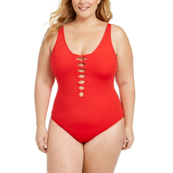Bleu by Rod Beattie SCARLET Solid Knotted Lace-Down One-Piece Swimsuit, US 20W