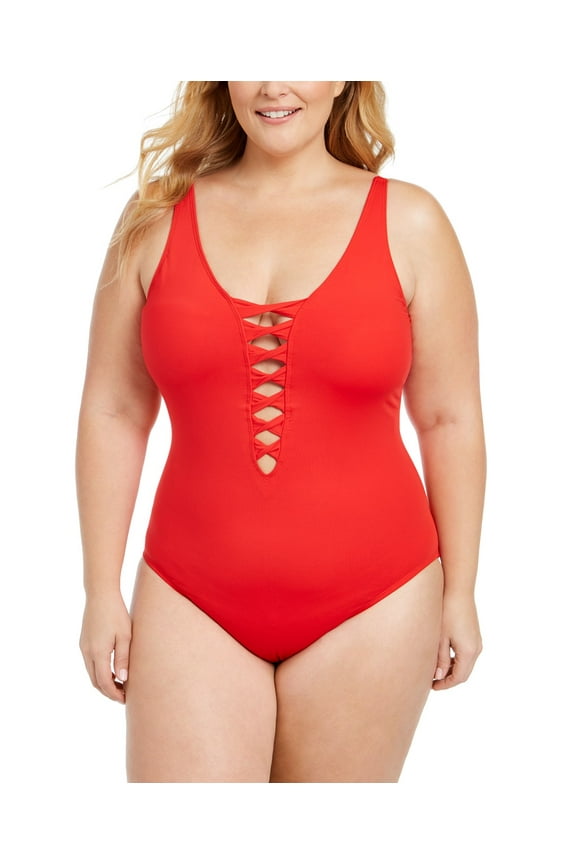 SCARLET Solid Knotted Lace-Down One-Piece Swimsuit, US 20W