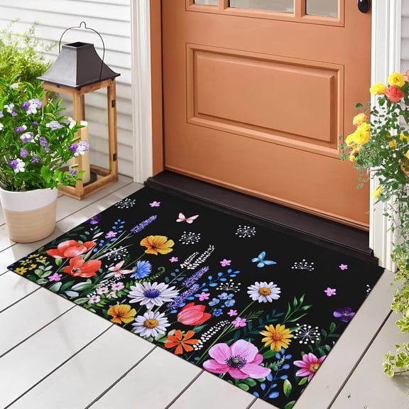 BLEUM CADE Spring Flower Door Mat,Vivid Butterfly Welcome Mat for Front Door,Non Slip Low Profile Outside Door Mats,Spring Summer Flower Decor Doormat,18" x 30"