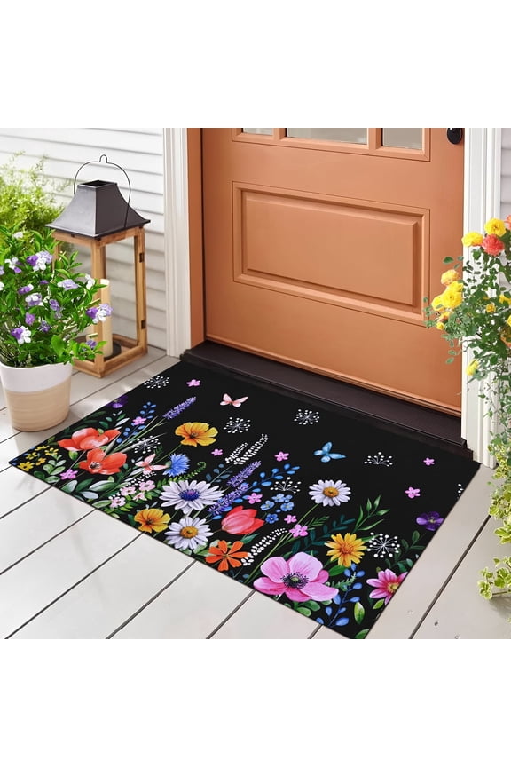 Spring Flower Door Mat,Vivid Butterfly Welcome Mat for Front Door,Non Slip Low Profile Outside Door Mats,Spring Summer Flower Decor Doormat,18" x 30"
