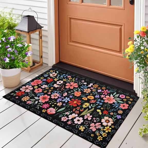 BLEUM CADE Boho Floral Door Mat Colorful Floral Non Slip Welcome Mat,Low Profile Front Door Mat for Spring Summer Outdoor Decor,18" x 30"