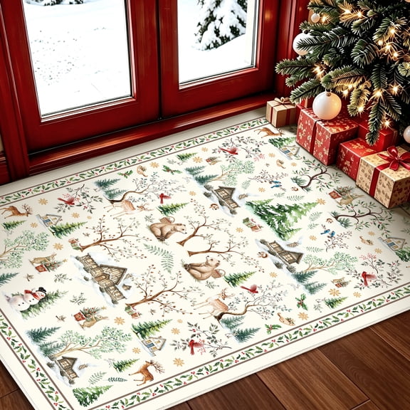 Bleum Cade Christmas 2x3 Entryway Rug, Washable Xmas Indoor Door Mat for Entrance, Non Slip Soft Low Pile Small Kitchen Bathroom Rugs for Winter Holiday Decor,Beige