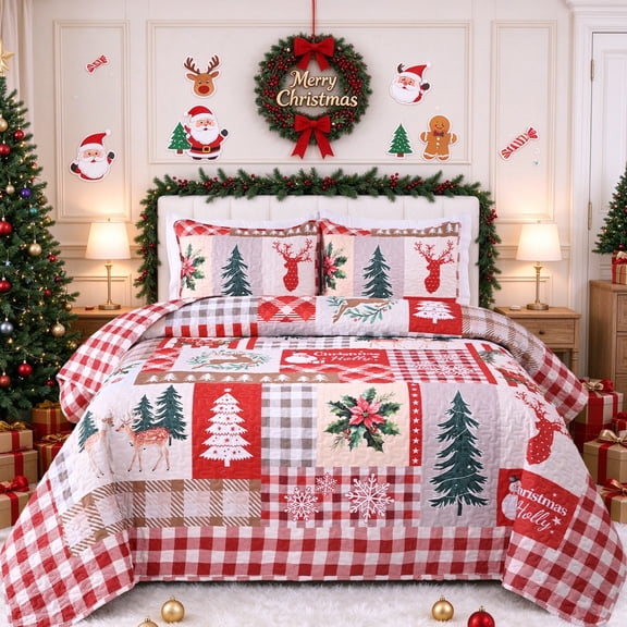 Bleum Cade Christmas Quilts Queen Size,Red Patchwork Xmas Bedding Set,Reversible Buffalo Plaid Quilts Set,Ultra Soft Lightweight Breathable Bedspread Coverlet,90"x 90"(1 Quilt, 2 Pillow Shams)