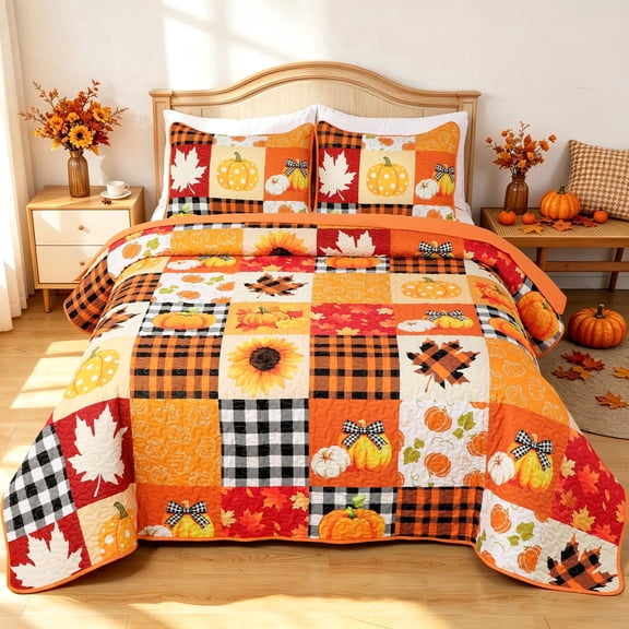 Bleum Cade 3 Pieces Fall Quilt Set Queen Size,Thanksgiving Pumpkin Maple Leaves Patchwork Bedding Set,Soft Lightweight Bedspread Coverlet Set Queen(Brown,90"x 90")