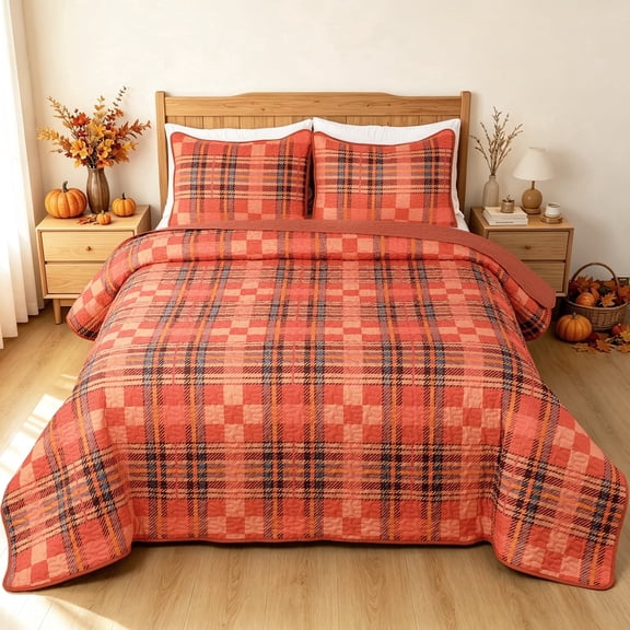 Bleum Cade Fall Quilt Set Queen Size 3 Pieces,Thanksgiving Orange Buffalo Plaid Lightweight Bedding Set,Soft Cozy Bedspread Coverlet Set Queen(90"x 90")