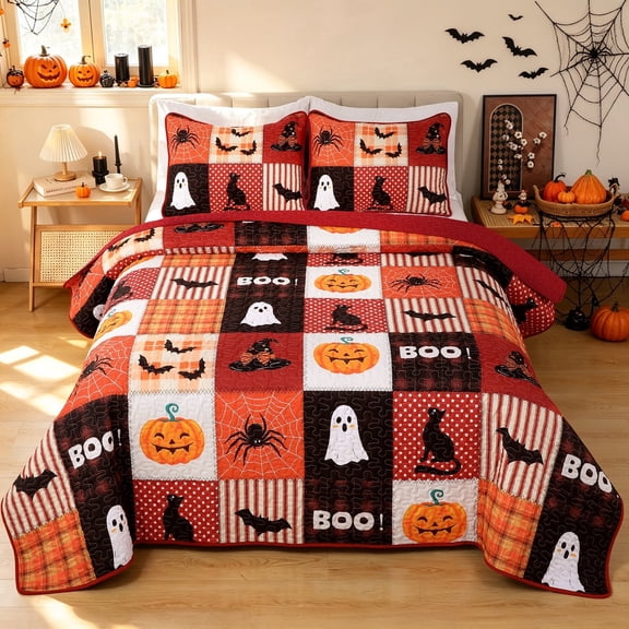 Bleum Cade Halloween 3 Pieces Quilt Set,Ghost Pumpkin & Black Cat Patchwork Bedding Set,Soft Lightweight Bedspread Coverlet Set Queen Size(Black & Red,90"x 90")