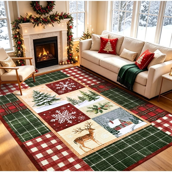 Bleum Cade 5'x7' Christmas Area Rug for Living Room,Machine Washable Patchwork Christmas Rugs for Bedroom with Non-Slip Backing,Soft Low Pile Non-Slip Bedroom Carpet,Red and Green