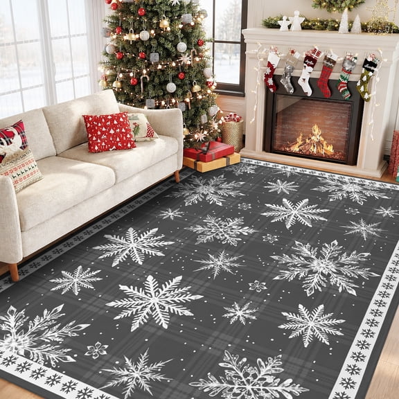 Bleum Cade 5'x7' Christmas Area Rugs for Living Room, Grey Snowflake Washable Non-Slip Rug, Soft Low Pile Buffalo Plaid Carpet for Bedroom Dining Room Holiday Decor