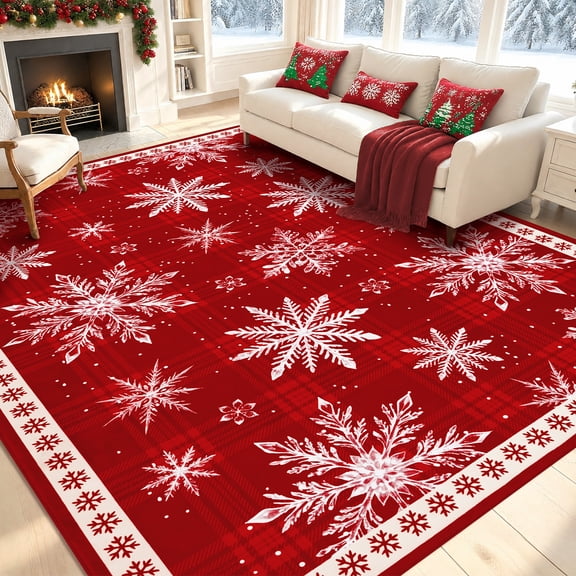 Bleum Cade 5'x7' Christmas Area Rugs for Living Room, Red Snowflake Washable Non-Slip Rug, Soft Low Pile Buffalo Plaid Carpet for Bedroom Dining Room Holiday Decor