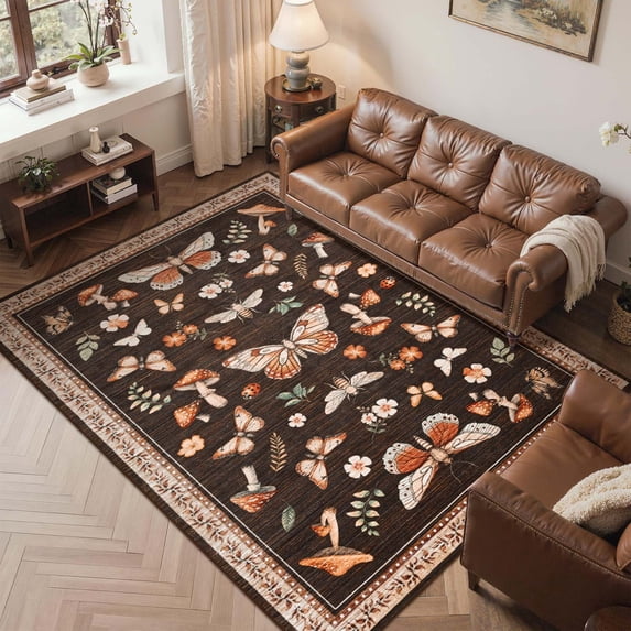 Bleum Cade 5'x7'Area Rugs for Living Room, Butterfly Mushroom Washable Rug for Bedroom,Ultra Soft Carpet Non Slip Low Pile Stain Resistant for Dining Room Home Decor,Brown