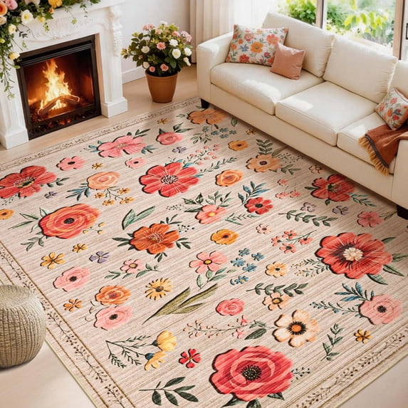 Bleum Cade 5'x7' Boho Floral Area Rugs for Living Room, Machine Washable Rug for Bedroom, Non Slip Low Pile Ultra Soft Faux Wool Rug Indoor Carpet for Dining Room