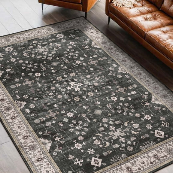 Bleum Cade Farmhouse Washable 5'x7' Area Rug, Dark Gray Vintage Persian Living Room Rug,Ultra Soft Faux Wool Non Slip Low Pile Carpet for Bedroom, Dining Room, Office,Retro Area Rug Indoor Decor