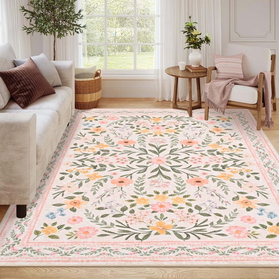 Bleum Cade 5'x7' Pink Rugs for Living Room,Boho Washable Floral Rugs for Bedroom Girls Room Decor,Ultra Soft Faux Wool Non Slip Low Pile Stain Resistant Carpet for Kids Living Dining Room Indoor