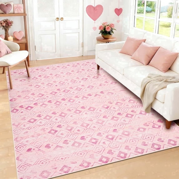 Bleum Cade Rugs for Living Room 5'x7' Pink Area Rug, Washable Rugs for Bedroom,Love Hearts Non-Slip Low Pile Super Soft Indoor Carpet Valentine Decor