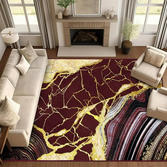 Bleum Cade 8'x10' Area Rugs for Living Room, Washable Rugs Modern Rugs for Bedroom Dinning Room,Marble Abstract Rug Ultra Soft Non Slip Durable Large Carpet Home Decor, Red Gold