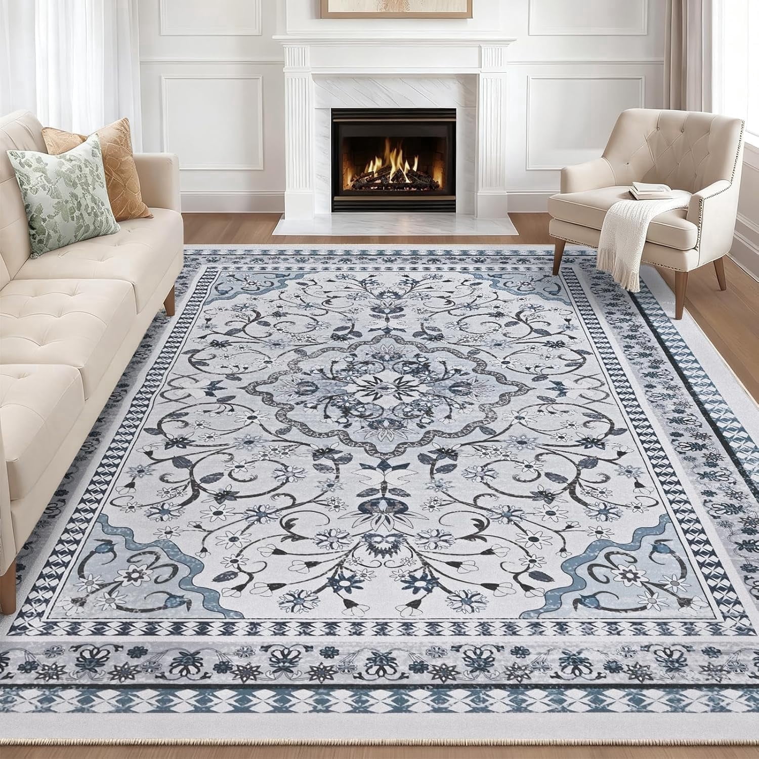 Bleum Cade 8'x10' Area Rugs for Living Room, Washable Rugs Vintage Rugs for Bedroom Dinning Room,Boho Floral Rug Ultra Soft Non Slip Durable Large Carpet Home Decor, Blue