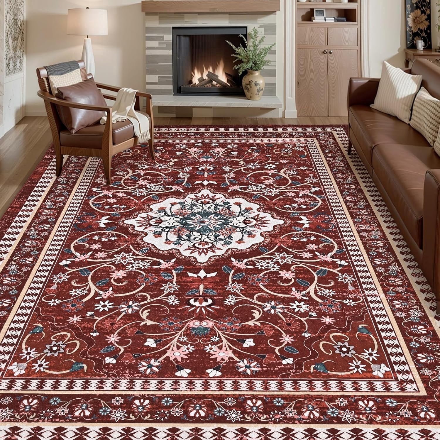 Bleum Cade 8'x10' Area Rugs for Living Room, Washable Rugs Vintage Rugs for Bedroom Dinning Room,Boho Floral Rug Ultra Soft Non Slip Durable Large Carpet Home Decor, Red