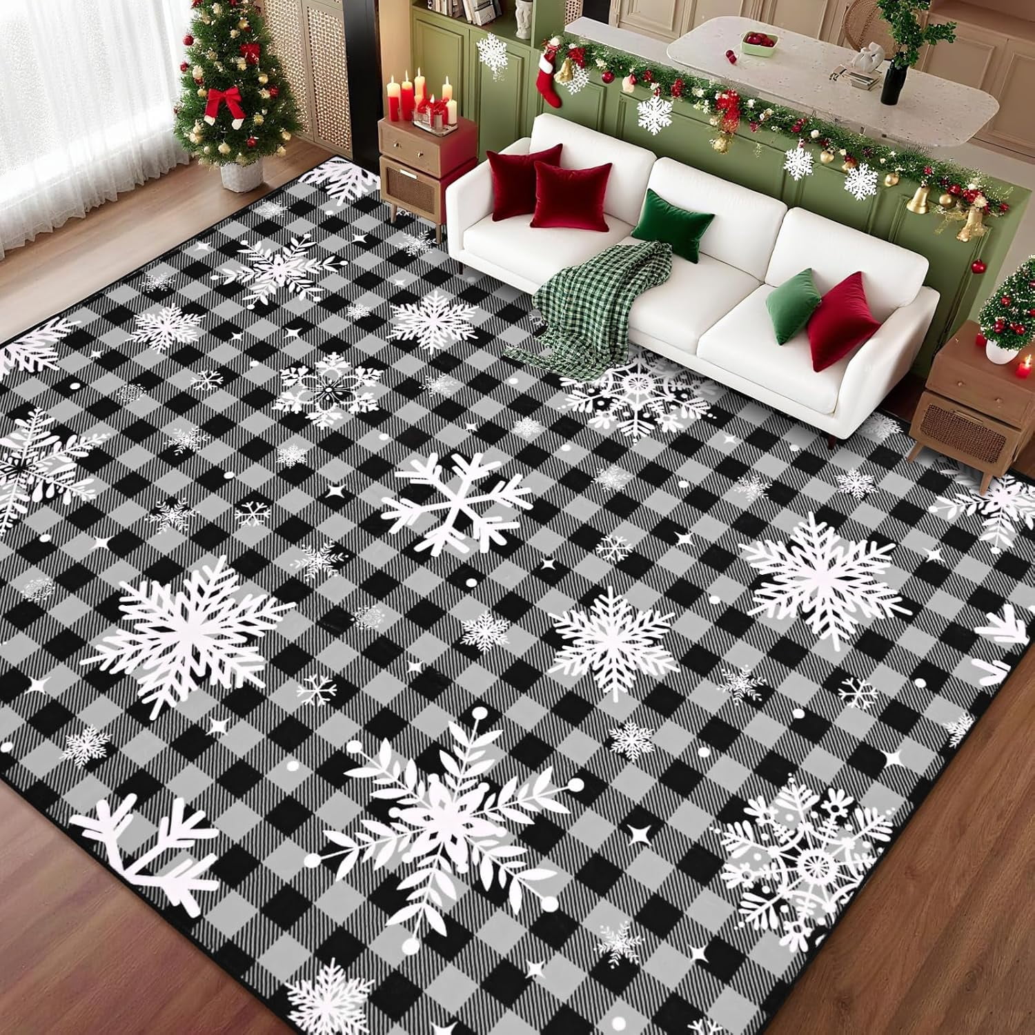 Bleum Cade 8'x10' Christmas Snowflake Area Rugs for Living Room, Washable Rugs for Bedroom Dinning Room,Grey Buffalo Plaid Rug Ultra Soft Non Slip Durable Large Carpet Home Decor