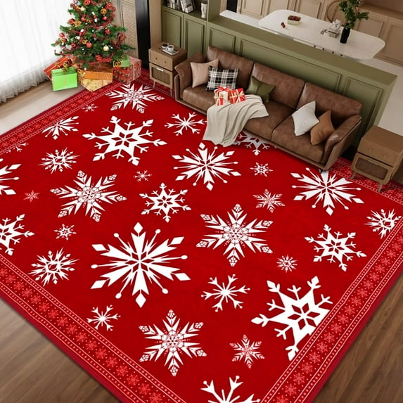 Bleum Cade Christmas Rug for Living Room 8x10 Area Rugs, Snowflake Washable Rugs for Bedroom Dinning Room,Red Soft Low Pile Rug,Non Slip Durable Large Carpet for Christmas Decorations