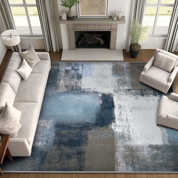 Bleum Cade 8'x10' Modern Abstract Area Rugs for Living Room,Machine Washable Large Rug, Non-Slip Low-Pile Soft Carpet for Bedroom, Dining Room Office,Blue