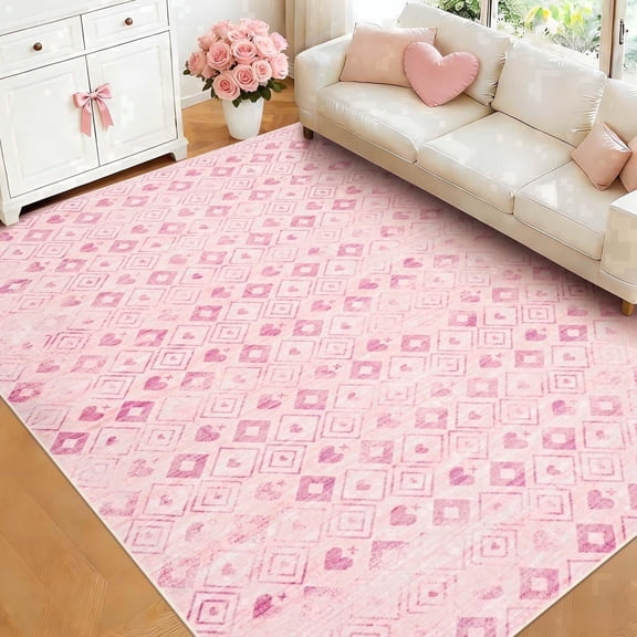 Bleum Cade Rugs for Living Room 8'x10' Pink Washable Rugs for Bedroom, Printed Romantic Hearts Low Pile Carpet, Ultra Soft Non Slip Durable Large Area Rugs for Mother's Day Gift