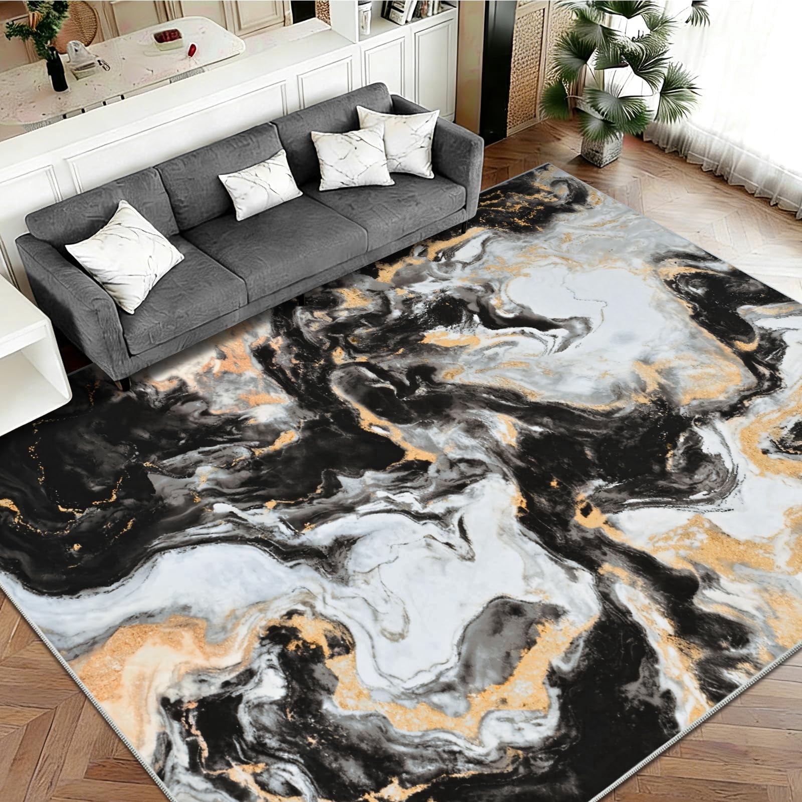 Bleum Cade 8'x10' Area Rugs for Living Room, Marble Black and Gold Abstract Rug,Modern Washable Rugs Low Pile Non Slip, Ultra Soft Faux Wool Non Slip Durable Large Carpet Home Decor