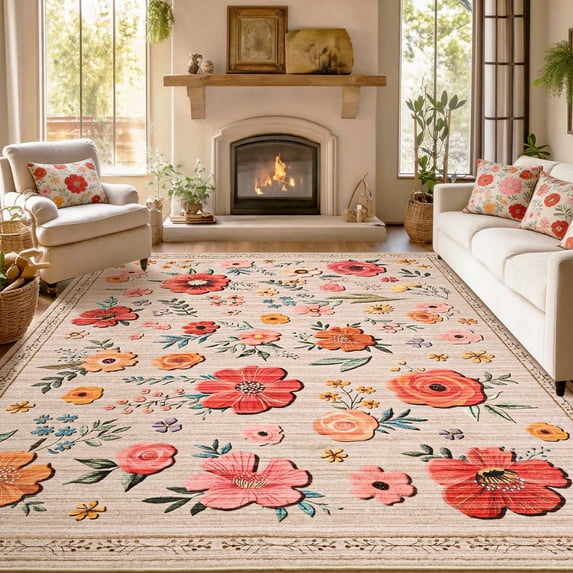 Bleum Cade 8'x10' Area Rugs for Living Room, Washable Rug Non Slip Low Pile Soft Faux Wool Non Shedding Distressed Vintage Floral Large Area Rugs for Bedroom Dining Room