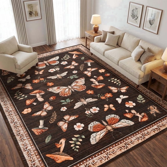 Bleum Cade  8'x10' Large Area Rugs for Living Room,Washable Rugs Butterfly Mushroom Rugs for Bedroom,Super Soft Low-Pile Non Slip Foldable Carpet for Office Nursery Dining Room,Brown
