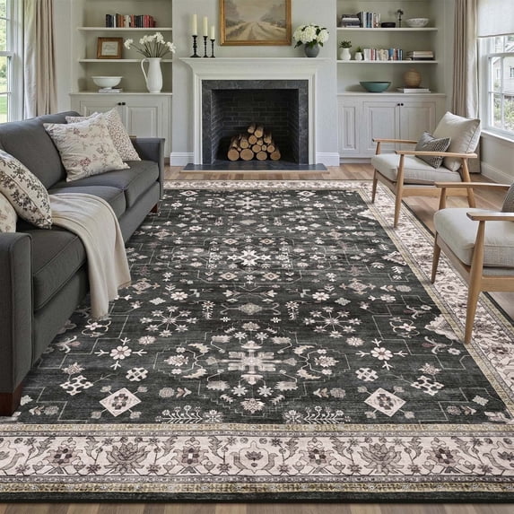 Bleum Cade Vintage Washable 8'x10' Area Rugs for Living Room,Dark Gray Farmhouse Carpet for Bedroom,Low Pile Soft Large Rug with Rubber Backing for Dining Room Kitchen Home Decor