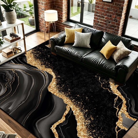 Bleum Cade 8'x10' Area Rugs for Living Room, Washable Rugs Modern Rugs for Bedroom Dinning Room,Marble Abstract Rug Ultra Soft Non Slip Durable Large Carpet Home Decor, Black Gold