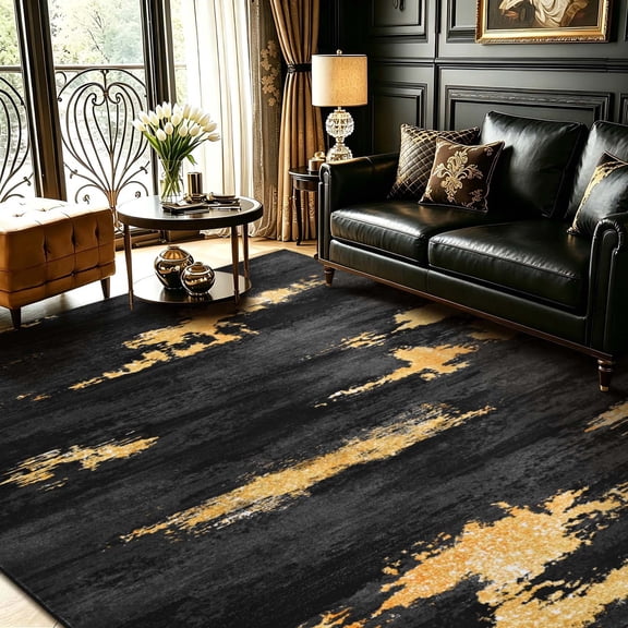 Bleum Cade 5'x7' Area Rugs for Living Room, Modern Abstract Rug Ultra Soft Washable Rugs for Bedroom, Anti Slip Durable Carpet Home Decor for Dining Room,Black Gold