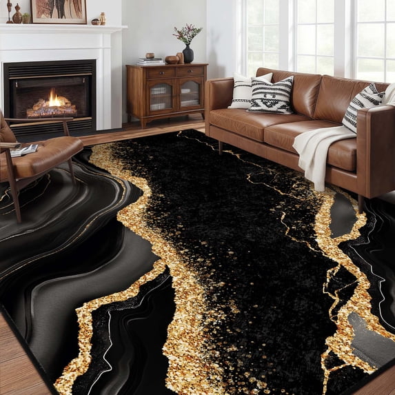 Bleum Cade 6'x9' Area Rugs for Living Room, Black Gold Marble Abstract Indoor Rug, Ultra Soft Machine Washable Large Rug for Bedroom Dining Room Kitchen,Foldable Nonslip Rug